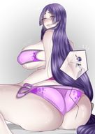 drawing panties blushing horns color long_hair butt bra purple_hair huge_breasts purple_eyes sitting shrunken_woman no_background looking_at_tiny punching a-i-k_art