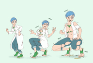 growth large_breasts blue_hair short_hair bulma growth_sequence crouching ripped_clothing no_background homer-rier