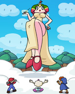 drawing giantess color large_breasts clothed mario low_angle dress looking_down clouds thighs outdoors floating wine_glass bare_legs pink_skin looking_at_tinies megamaliit mallow_(super_mario_rpg) geno valentina_(super_mario_rpg) super_mario_rpg