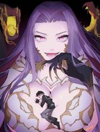 giantess large_breasts long_hair purple_hair smiling tall medusa gorgon fate/grand_order fate_(series) between_breasts demonic