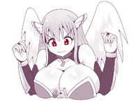 wings long_hair red_eyes huge_breasts breast_crush astraea sora_no_otoshimono collar shrunken_man looking_at_tiny heavens_lost_property inksgirls