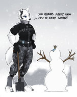 drawing gentle furry wolf anthro color blue_eyes clothed barefoot military paws sitting shrunken_man snow standing outdoors dialogue shovel looking_at_tiny snowman gasmaskfox