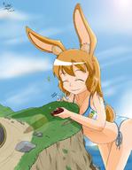 bikini drawing giantess tail color large_breasts long_hair bunny_ears water wet brunette smiling bending_over vehicles thighs outdoors bunny_girl closed_eyes hank88 cliff anon bare_legs high_five amelie_(hank88)