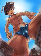 city giant male penis buildings brunette low_angle torajimaneko short_hair bulge speedo outdoors