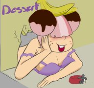 drawing blushing large_breasts smiling pink_hair lying_down short_hair banana freckles hair_bun sw33thand