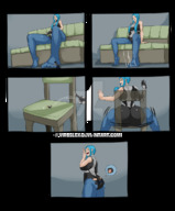 drawing comic butt_crush blue_hair short_hair sitting looking_down laughing pinned under_foot panels viruslex