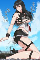 drawing giantess blushing city black_hair large_breasts long_hair destruction clothed boots underboob looking_down bracelet debris sweat_drop lien_57