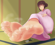 clothed toes barefoot soles brunette lying_down short_hair shrunken_man indoors steam hair_bun vaioomaru