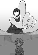 drawing giantess giga city monochrome black_hair finger short_hair looking_down pointing edogtskagura