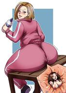 drawing blushing blonde color butt smiling short_hair android_18 anal_insertion dragon_ball looking_back earrings inside_clothing no_background water_bottle cutaway ecchipandaa