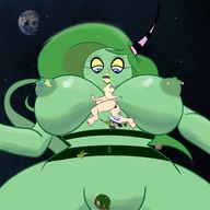drawing giantess nude earth giga blonde large_breasts long_hair blue_eyes crossover multiple_sizes green_hair crown sonic_the_hedgehog giantesses on_nipple green_skin cosmic_giantess zeena princess_rosalina super_mario_galaxy idooodlestuff