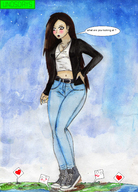 drawing giantess blushing giga city long_hair destruction clothed brunette looking_down foot_print converse dialogue unosdays bare_midriff