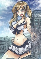 bikini breasts drawing giantess blushing city mega blonde color large_breasts destruction rampage cleavage bra skirt angry sweat brown_eyes twintails looking_down embernaga punching hair_clip