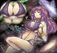 drawing giantess giga color cleavage bra purple_hair huge_breasts purple_eyes story chains galaxies embernaga cosmic_giantess