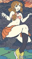 drawing giantess mega upskirt color bra skirt green_eyes brunette mountains embernaga