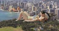 bikini giantess collage city giant male clothed buildings couple lying_down kissing giantesses outdoors chainorchid