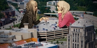 giantess collage city clothed buildings looking_down giantesses vehicles outdoors chainorchid head_scarf