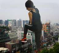 giantess collage city long_hair clothed buildings brunette looking_down outdoors hoop_earrings raised_shoe chainorchid