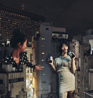 giantess collage city black_hair long_hair clothed buildings smiling bottle giantesses drinking outdoors hair_bun chainorchid