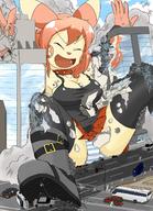 drawing growth giantess pokemon panties furry anthro upskirt color large_breasts destruction buildings outgrowing_building red_hair boots bus collar open_mouth vehicles closed_eyes commission hank88 striped_panties cracked_pavement meister_li plusle anon humanized_pokemon yellow_skin shorty
