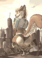 drawing giantess panties furry tail anthro city blonde color butt destruction blue_eyes clothed barefoot buildings helicopter paws kneeling piercings airplane boats outdoors jewelry looking_back necklace earrings harbor paw_pads looking_at_tiny bare_midriff scream_(artist) ali