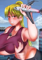 drawing city blonde color long_hair butt buildings huge_breasts smiling ponytail muscles bus airplane outdoors vehicle_crush between_breasts bigsis_iyashi