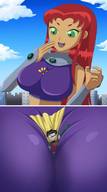 breasts drawing giantess city mega alien comic color large_breasts long_hair buildings green_eyes teen_titans gloves red_hair starfire robin mask costume cape top belt dc_comics orange_skin thedaibijin bare_midriff between_breasts
