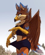 drawing giantess panties furry tail wings anthro color clothed handheld green_eyes looking_down standing dangle gryphon outdoors inside_clothing panty_entrapment beak deer talons looking_at_tiny multicolored_hair bare_legs bare_midriff velux