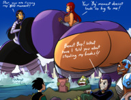 breasts drawing giantess city mega alien comic black_hair color long_hair butt ocean buildings purple_hair huge_breasts purple_eyes breast_expansion raven teen_titans red_hair starfire boots beast_boy robin fighting giantesses costume cape dialogue cyborg thick_thighs dc_comics orange_skin grey_skin bare_midriff blackfire caiman2