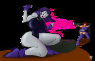 breasts drawing growth giantess alien color large_breasts long_hair skirt green_eyes purple_hair purple_eyes raven teen_titans red_hair starfire mini_giantess boots giantesses growth_ray costume cape belt sofa leotard no_background dc_comics orange_skin bare_legs grey_skin outgrowing_room n647 bare_midriff
