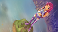 breasts drawing growth giantess city mega alien color long_hair destruction skirt water ocean green_eyes island embarrassed teen_titans red_hair starfire boots sad costume top belt riadorana dc_comics orange_skin titan_tower bare_midriff
