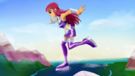 breasts drawing growth giantess mega alien color long_hair skirt ocean green_eyes teen_titans red_hair starfire boots walking mountains forest outdoors belt riadorana dc_comics orange_skin bare_midriff