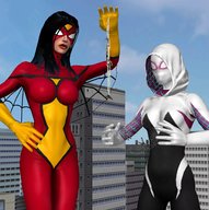 breasts giantess city mega black_hair long_hair buildings giantesses mask costume hands_on_hips hood web looking_at_tiny digital_render gwen_stacy marvel_comics roodedude spider-gwen spider_woman