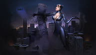 breasts drawing giantess city mega black_hair color large_breasts destruction rampage cleavage buildings mask batman costume cape whip cat_suit catwoman zipper thief dc_comics gotham_city skintight_clothing irina_isupova bat_signal