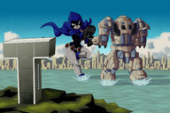 drawing giantess city mega color large_breasts robot water ocean buildings purple_eyes island raven teen_titans fighting magic cape belt leotard wading hood mech dc_comics bare_legs grey_skin titan_tower ravenravenraven