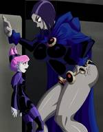 breasts drawing growth giantess color large_breasts butt clothed purple_hair purple_eyes smiling pink_hair raven teen_titans mini_giantess pink_eyes large_butt magic towering cape belt leotard leaning_forward hood looking_at_tiny dc_comics bare_legs grey_skin ravenravenraven jinx_(teen_titans) kabedon