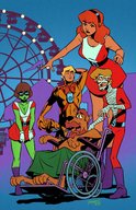 breasts drawing giantess chief mega blonde color crossover cleavage skirt glasses gloves red_hair boots beast_boy night amusement_park costume doom_patrol belt ferris_wheel headband green_skin dc_comics scooby-doo elasti-girl robotman wheelchair negative_man velma_dinkley fusion shaggy daphne_blake mystery_incorprated fred_jones glebthezombie cartoon_network