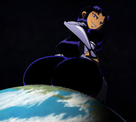 breasts drawing giantess earth giga alien space color large_breasts long_hair butt destruction butt_crush purple_hair purple_eyes smiling teen_titans large_butt costume looking_back dc_comics cosmic_giantess orange_skin sitting_on_planet ravenravenraven blackfire