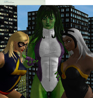 breasts giantess white_hair city mega blonde large_breasts long_hair handheld cleavage buildings green_eyes green_hair muscles storm shrunken_man giantesses mask avengers dark_skin costume leotard x-men she_hulk green_skin looking_at_tiny white_eyes digital_render bare_legs ms_marvel marvel_comics roodedude