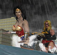 breasts gentle giantess city flood mega blonde black_hair large_breasts long_hair crossover handheld cleavage buildings muscles bus rain giantesses mask boats costume wonder_woman leotard tiara looking_at_tiny digital_render dc_comics ms_marvel marvel_comics roodedude