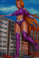 breasts drawing giantess city mega alien color large_breasts buildings green_eyes teen_titans starfire boots shorts vehicles top belt orange_hair dc_comics orange_skin bare_legs bare_midriff admdraws
