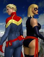 breasts giantess city mega blonde large_breasts long_hair butt buildings butt_crush gloves short_hair muscles shrunken_man giantesses mask large_butt costume belt leotard digital_render ms_marvel spider-man marvel_comics roodedude captain_marvel