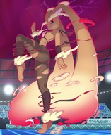 drawing giantess pokemon furry anthro color butt clothed barefoot posing stadium smoke bunny_girl ripped_clothing lopunny audience dynamax pokemon_sword_and_shield rilexlenov