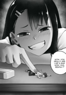 drawing blushing monochrome black_hair clothed finger anime smiling story poke shrunken_man teasing pinned on_table bully thunderafterdark nagatoro