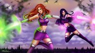breasts drawing giantess city mega alien black_hair color large_breasts long_hair destruction rampage skirt green_eyes purple_eyes teen_titans red_hair starfire boots airplane giantesses top belt bracelet lasers dc_comics bare_midriff blackfire chibiyvi