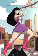breasts drawing giantess city mega black_hair color large_breasts long_hair handheld skirt high_heels buildings brown_eyes gloves street boots airplane skyscraper clouds thighs truck costume lois_lane doom_patrol earrings belt crowds holding_airplane reporter looking_at_tiny dc_comics bare_legs elasti-girl caiman2 fusion