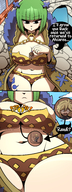 breasts drawing micro comic color cleavage shrinking huge_breasts green_hair bottle shrunken_woman entrapment fairy_tail dialogue mspaintgts looking_at_tiny brandish between_breasts dimaria