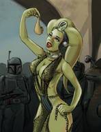 breasts drawing nipples alien color large_breasts armor cleavage green_eyes star_wars shrunken_man open_mouth dangle tentacles belt tiara imminent_vore helmet donutwish green_skin looking_at_tiny mandalorian oola hutt boba_fett jabba_the_hutt lekku twilek