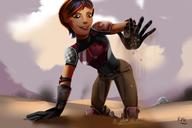 breasts drawing giantess color armor blue_hair brown_eyes smiling gloves asian crawling kneeling star_wars cruel falling hand_crush belt orange_hair looking_at_tiny multicolored_hair sabine kisparlius stormtroopers mandalorian hair_streak sabine_wren at-at