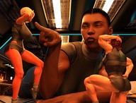 giantess lying_down short_hair mini_giantess muscles dark_skin indoors poking cramped digital_render vardyger